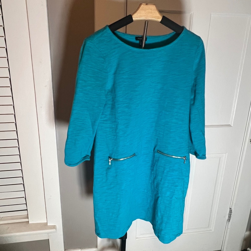 Talbots Women Turquoise Blue Slub Knit Cotton Shift Dress 3/4 Sleeve Small‎